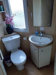 a bathroom with a toilet and a sink and a window at MV203 3 bedroom Deluxe caravan in Chapel Saint Leonards