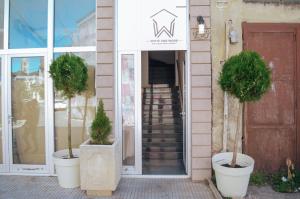 two potted trees in pots in front of a door at White & Wood in Bitola