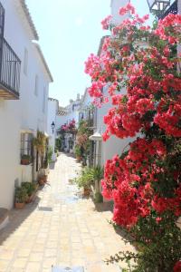 a street with red flowers on a white building at Mijas Pueblo Cosy Townhouse, sleeps 4 in Mijas