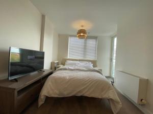 1 dormitorio con 1 cama y TV de pantalla plana en Central Milton Keynes hub one bedroom secured apartment, en Milton Keynes