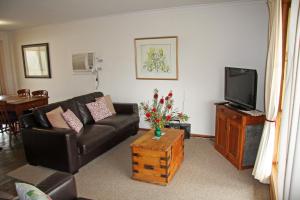 a living room with a couch and a tv at Windmill Cottage in Clare