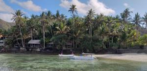 two boats in the water on a beach with palm trees at IDA'S Homestay in Candidasa