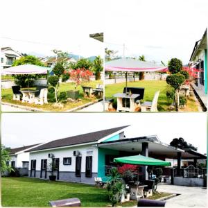 two pictures of a house with a table and umbrella at Taiping Homestay Husna Afina in Taiping