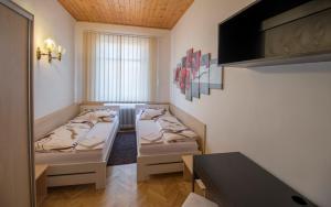 a small room with two beds and a tv at Pension Čížek in Mikulov