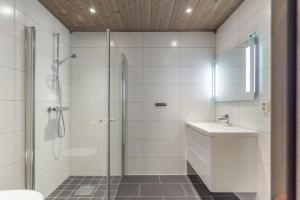 a bathroom with a shower and a toilet and a sink at Trysiltunet 16b in Trysil