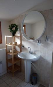 a bathroom with a sink and a mirror at Charmante Maison dans petite citée de caractère 13km du ZOO in Luché-Pringé