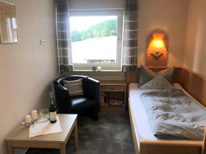 ein Schlafzimmer mit einem Bett, einem Stuhl und einem Schreibtisch in der Unterkunft Pension Haus Astenblick in Winterberg