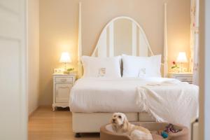 a dog sitting in a bed in a bedroom at Gatto Perso Luxury Studio Apartments in Thessaloniki
