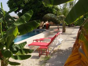 una fila di sedie rosse accanto alla piscina di Auberge Keur Ely a Ouoran