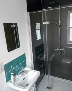 a bathroom with a sink and a shower at Rosalind House in Carlisle