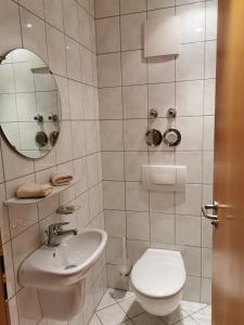 a bathroom with a toilet and a sink and a mirror at Haus Edelweiss in Oberstdorf