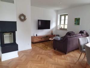 uma sala de estar com um sofá e uma lareira em Ferienhaus Schütt em Zempin