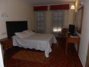 a bedroom with a bed and a desk and a television at Hotel Cañada Real in Villalpando