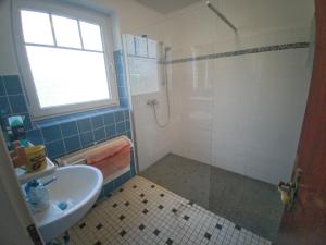 a bathroom with a shower and a sink at Gästehaus Tiedemann in Borsfleth +6 photos