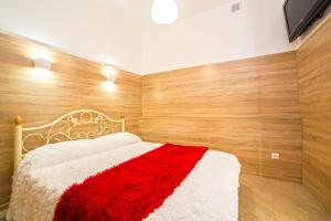 リヴィウにあるMini Smart apartment on Teodora 5- economy apartmentsのベッドルーム1室(ベッド1台、赤と白の毛布付)
