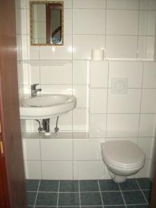 La salle de bains est pourvue d'un lavabo et de toilettes. dans l'établissement Haus Irmgard, à Schlierschied
