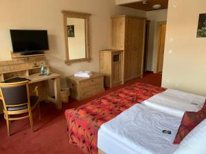Schlafzimmer mit einem Bett, einem Schreibtisch und einem TV in der Unterkunft Hotel Goldner Löwe in Stolpen