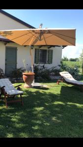 a patio with an umbrella and a bench and a table at Podere Zampiera Vecchia in Imola