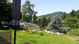 a group of chairs and an umbrella in the grass at La Pierre d'Eau in Fréland