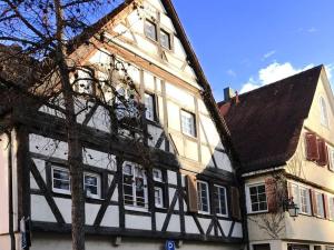 un edificio blanco y negro con un árbol delante en Gästewohnung Jakobsgasse, en Tübingen