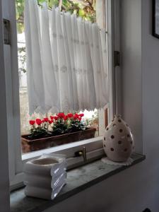 a window with red flowers in a window sill at Hotel La Primavera in Massa Lubrense