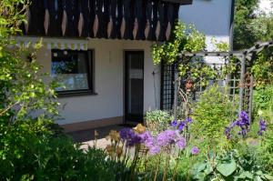 a garden with purple flowers in front of a house at Ferienwohnung Biedermann in Schönwald