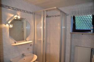 a bathroom with a shower and a sink and a mirror at Ferienwohnung Biedermann in Schönwald +7 photos
