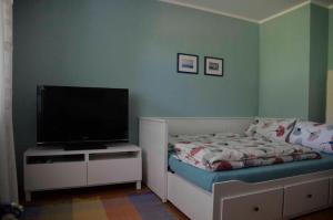 a bedroom with a bed and a flat screen tv at Ferienwohnung Biedermann in Schönwald