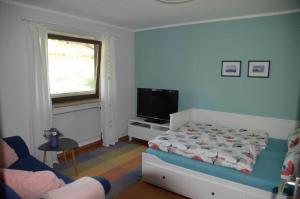 a bedroom with a bed and a tv in it at Ferienwohnung Biedermann in Schönwald