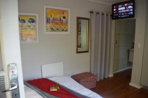 ein Schlafzimmer mit einem Bett und einem TV an der Wand in der Unterkunft Anni Bos in Stellenbosch