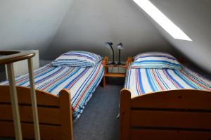 two twin beds in a room with a attic at Ferienhaus Heimathafen Neßmersiel in Neßmersiel