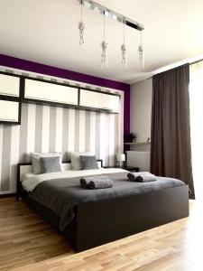 ルブリンにあるPokoje Rezydencja Parysaの紫の壁のベッドルーム1室(大型ベッド1台付)