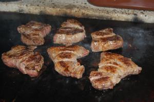 a bunch of meat cooking on a grill at Farma U Nýdrlů in Stará Červená Voda