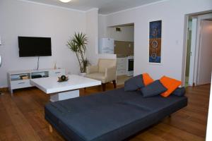 a living room with a couch and a table and a tv at Petit Apart Villa Regina in Villa Regina