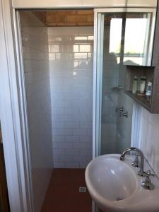 a bathroom with a sink and a shower at Hanbury Lodge in Newcastle