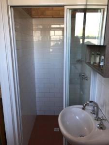 a bathroom with a sink and a shower at Alloggio Hanbury Mayfield in Newcastle