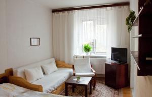 a living room with a white couch and a tv at Privat No. 40 in Telč