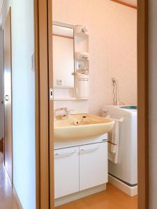 a bathroom with a sink and a mirror at Yamanobenomichi teku teku in Tenri