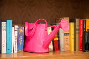 una lata de agua rosa sentada en un estante junto a los libros en Le 20 Prieuré Hôtel, en París