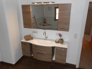 a bathroom with a sink and a mirror at Teisenbergblick in Gschwend