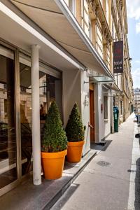 two plants in pots on a sidewalk outside a store at Le 20 Prieuré Hôtel in Paris