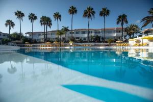 una gran piscina con palmeras en el fondo en Fuentepark Apartamentos, en Corralejo