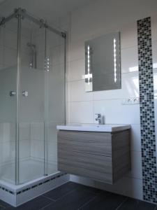 a bathroom with a sink and a shower at Aquamarin in Dahme