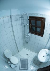 a bathroom with a shower and a toilet and a sink at Eden Hotel in Agios Ioannis Pelio