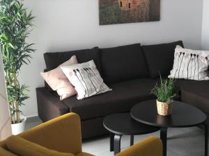 un sofá negro con almohadas y una mesa en la sala de estar. en Málaga Apartamentos - Jinetes, 10 en Málaga