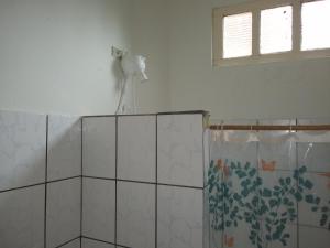 a bathroom with a shower curtain and a window at Residencial Ravasco in Camamu