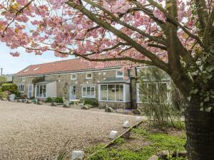 a house with a flowering tree in front of it at Magpie Cottage in Morpeth