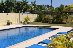 a swimming pool with blue lounge chairs and trees at Baan Suan in Rawai Beach