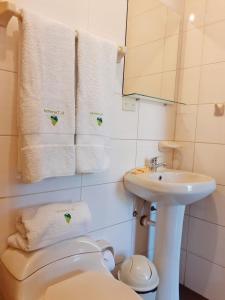 a bathroom with a sink and a toilet and towels at Hotel Torontel in Ica