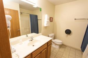 
a bathroom with a toilet, sink, and shower at The Kingsley Motel in Kingsley
